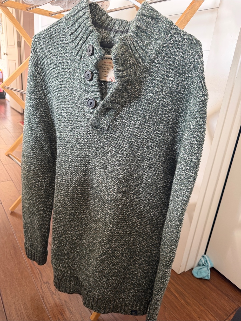 FatFace Men's Heathered Forest Green Turtleneck Button Sweater